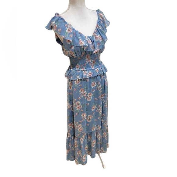 Floret Studios blue floral v neck smocked ruffle midi dress high slit size small - Picture 4 of 14